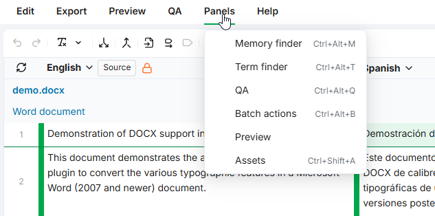 The Panels dropdown menu in the top toolbar, showing the list of available panels.