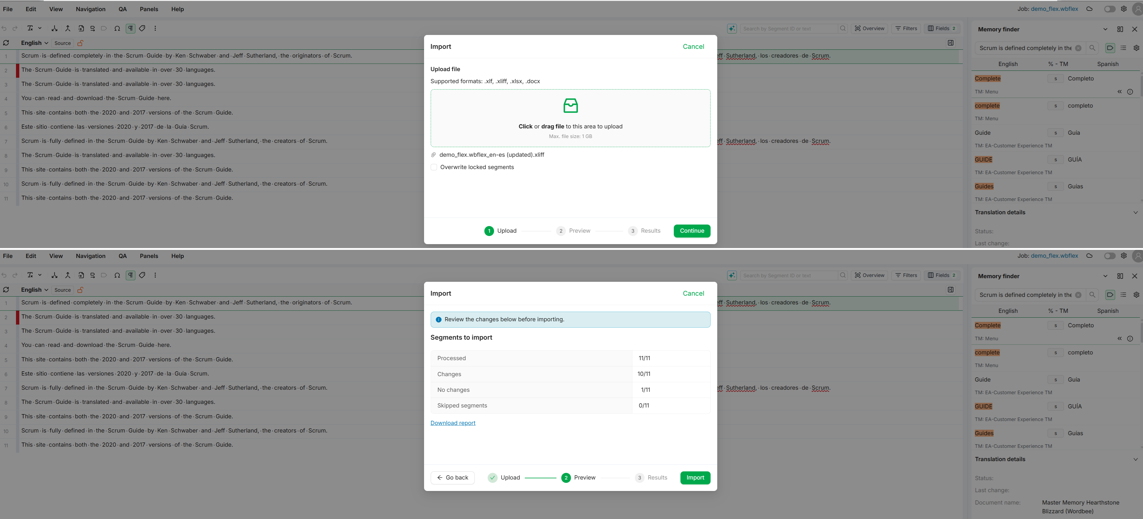 Import wizard showing upload and preview steps