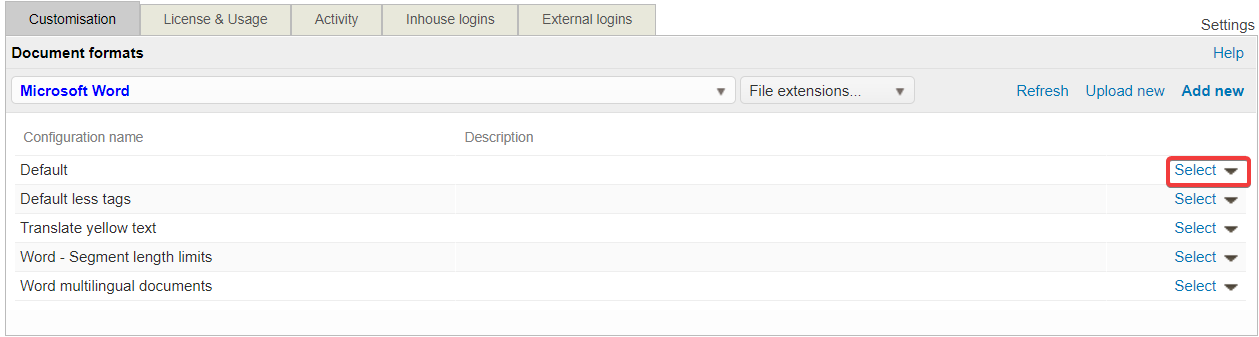 Document formats - list of configurations