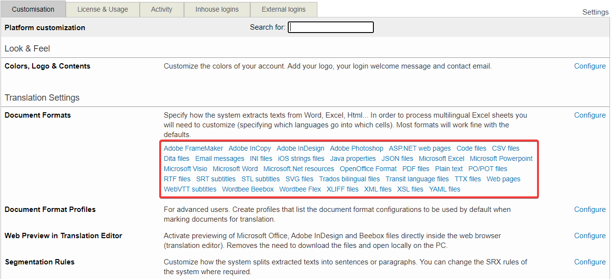 Settings - Document formats