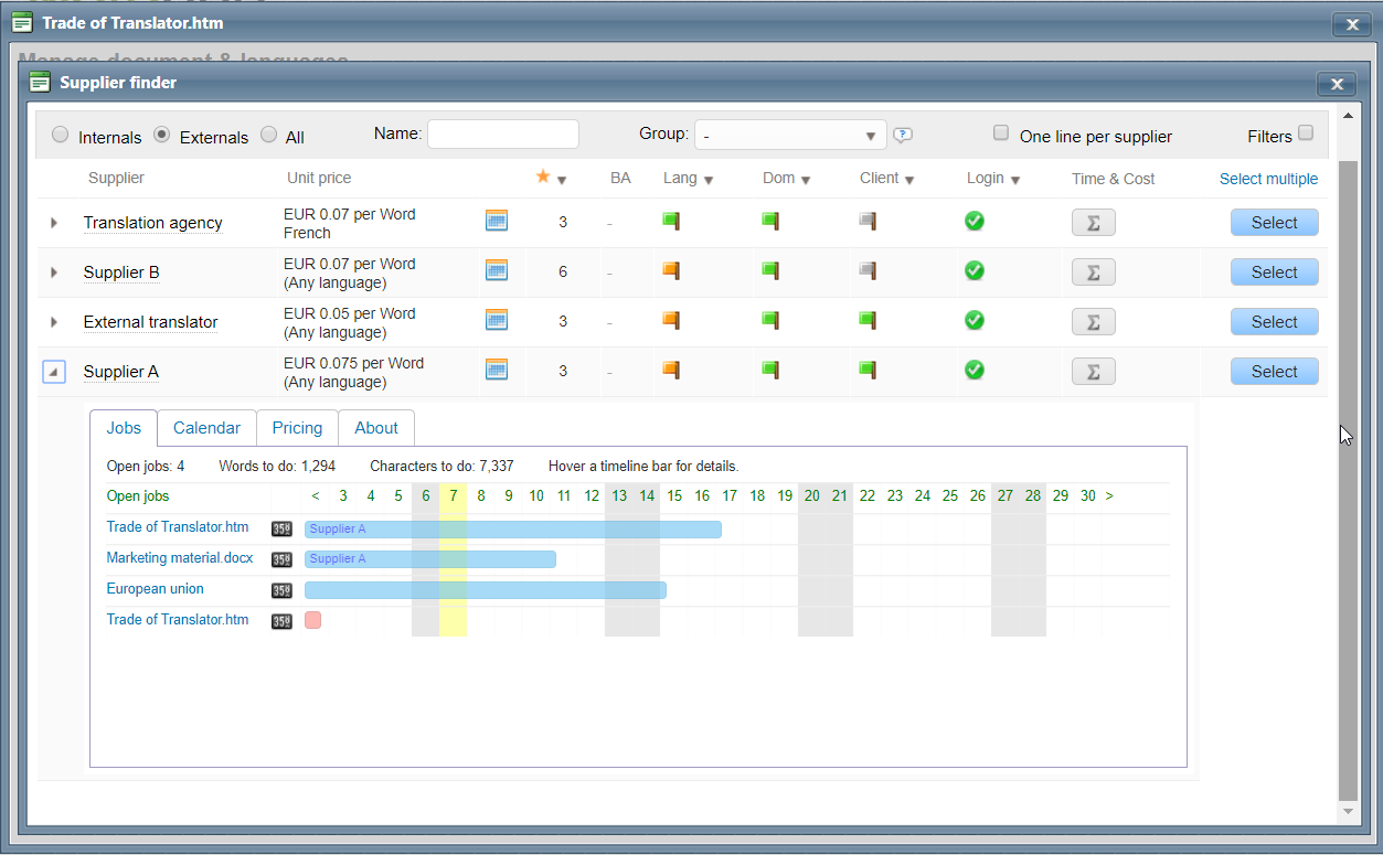 Supplier selection window