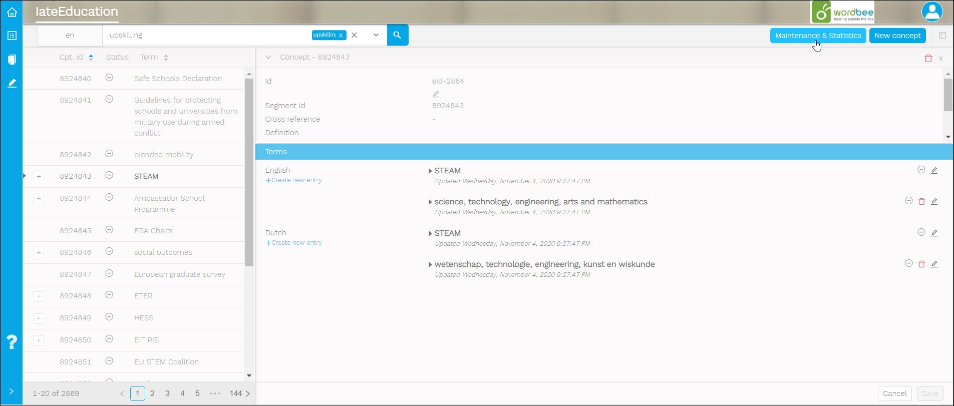 Termbase - Maintenance and Statistics button