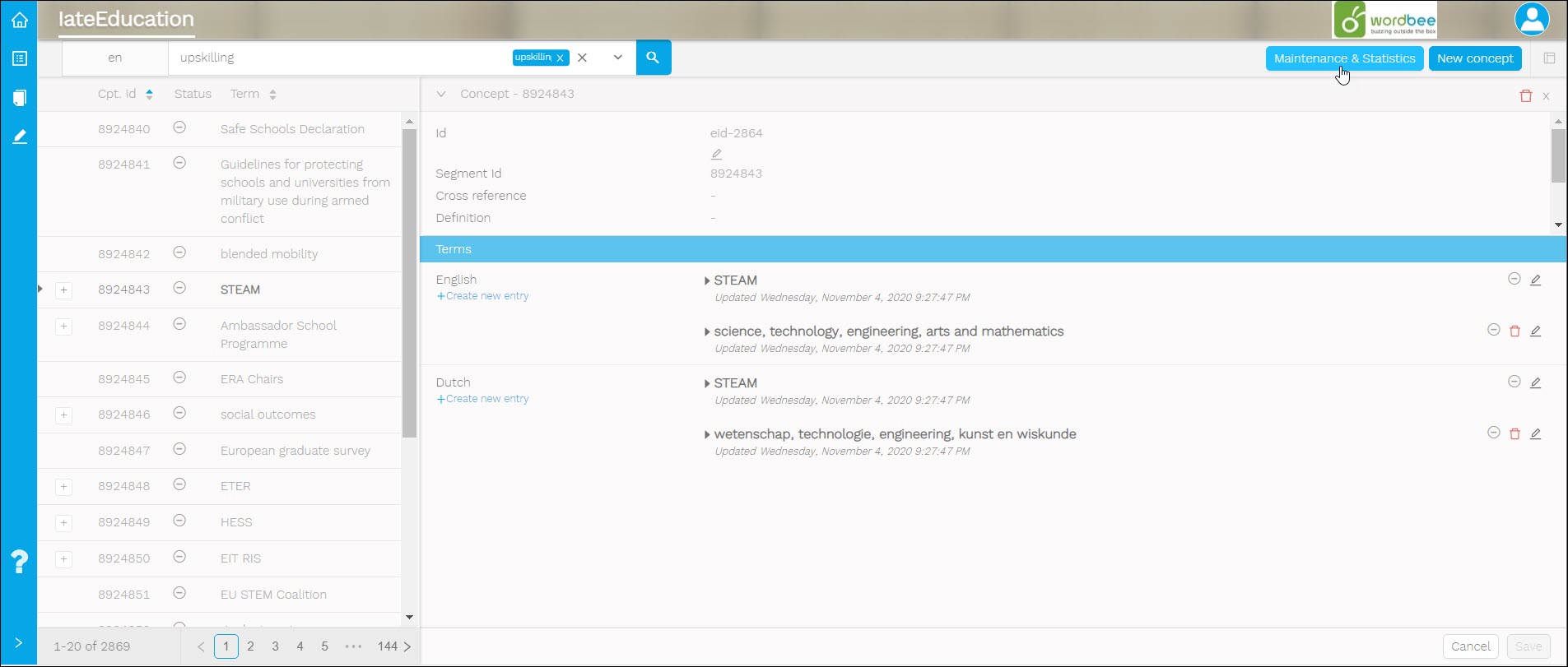 Termbase - Maintenance and Statistics button